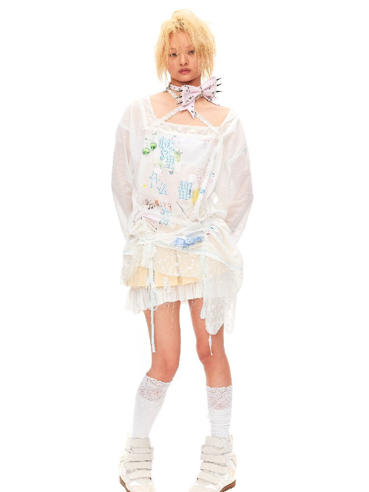 Dream Print Lace Drawstring Top【s0000016491】