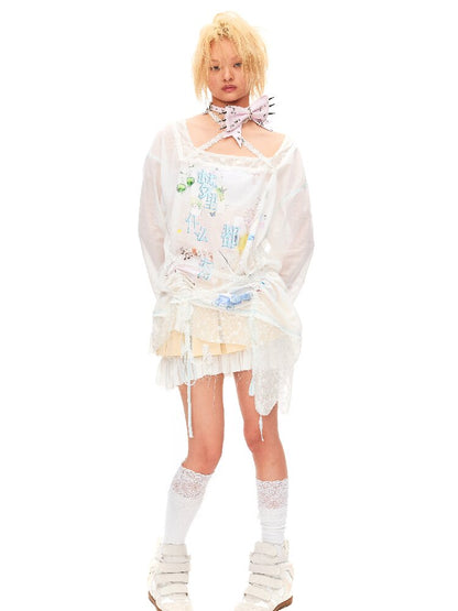 Dream Print Lace Drawstring Top【s0000016491】