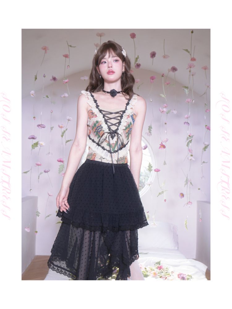 Polka Dot Irregular Hem Lace Ruffle Half Skirt【s0000007872】