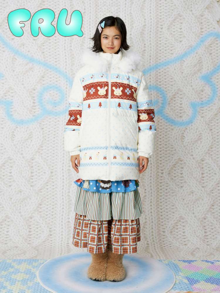 Fair Isle White Hooded Print Down Jacket【s0000014858】