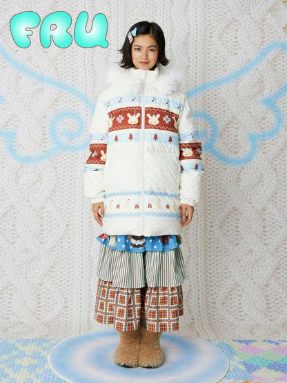 Fair Isle White Hooded Print Down Jacket【s0000014858】