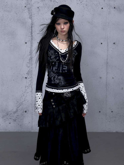 Retro Punk V-Neck Stretch T-Shirt【s0000014928】