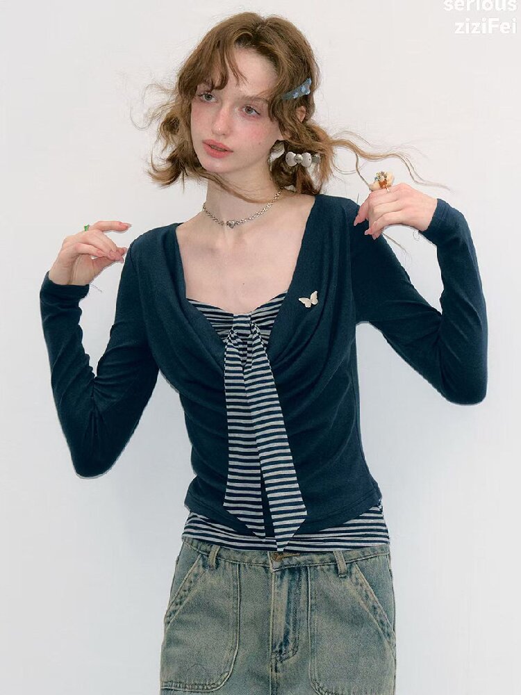 Striped Tie Knit Top Long Sleeve【s0000017880】