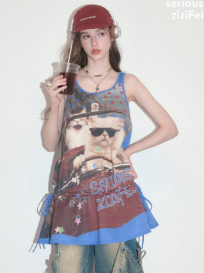 American Cat Print Vintage Tank Dress【s0000017676】