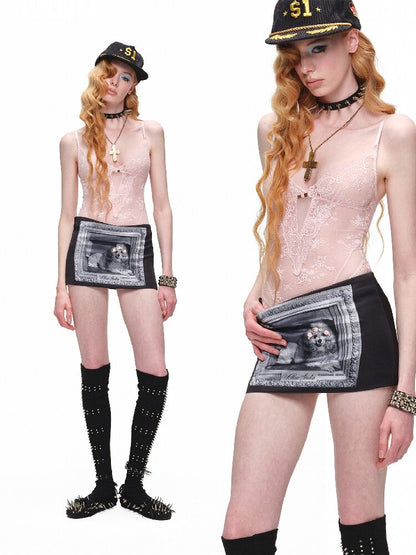 Satin Frame Dog Print Skirt【s0000016918】