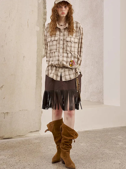 Embroidery Fringe Short Leather Skirt【s0000014045】