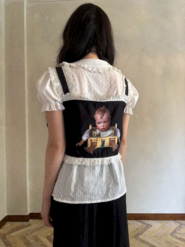 Cute doll print lace bow vest【s0000012760】