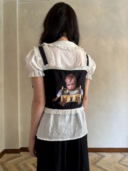 Cute doll print lace bow vest【s0000012760】