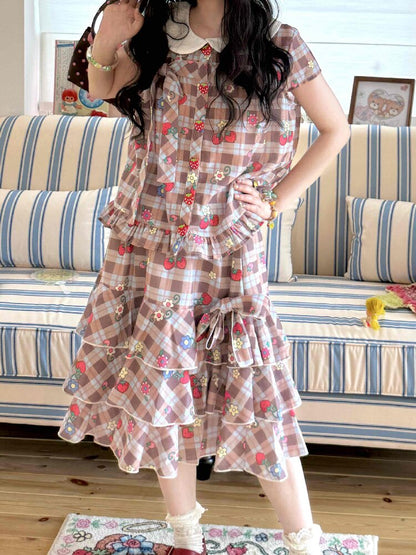 Strawberry Plaid Print Midi Skirt【s0000017504】