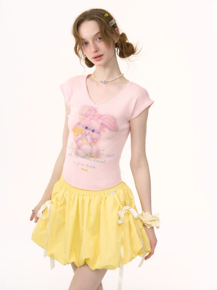 Rabbit Printing V-Neck Short Sleeve T-shirt【s0000012236】