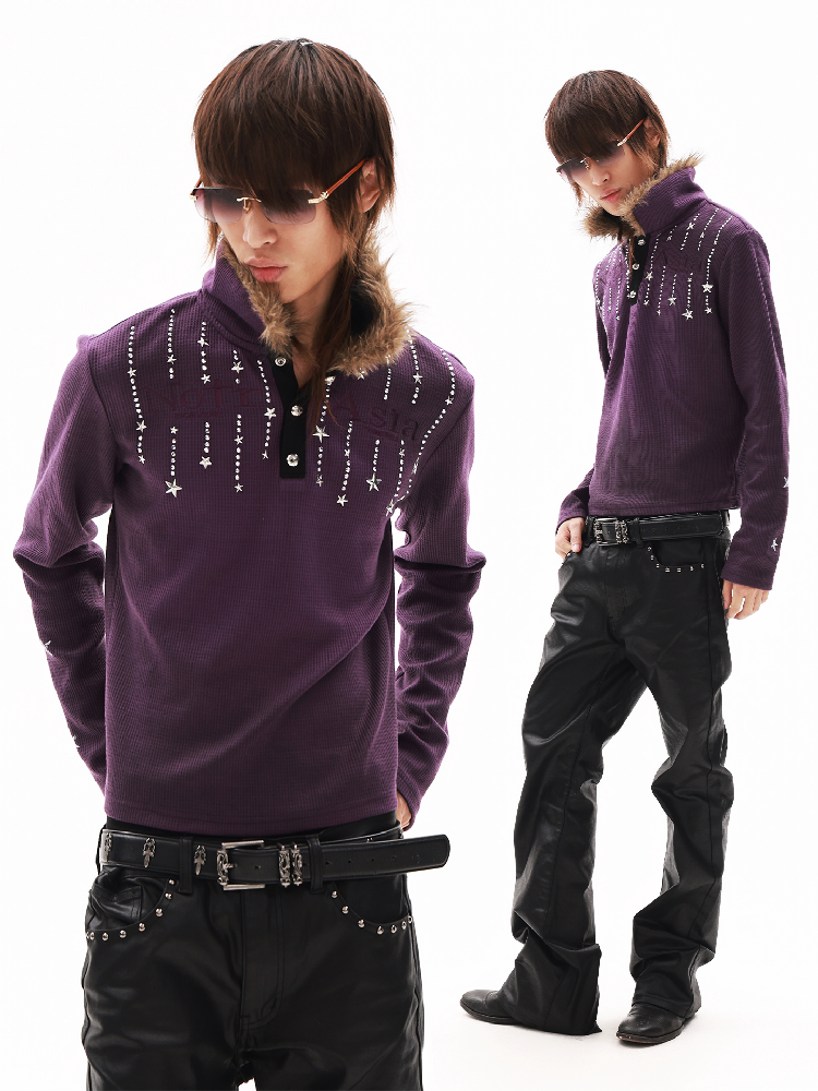 Washed Waffle Rhinestone Polo Shirt【s0000018339】