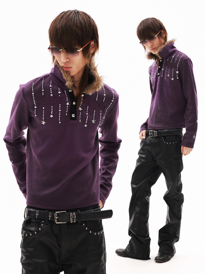 Washed Waffle Rhinestone Polo Shirt【s0000018339】