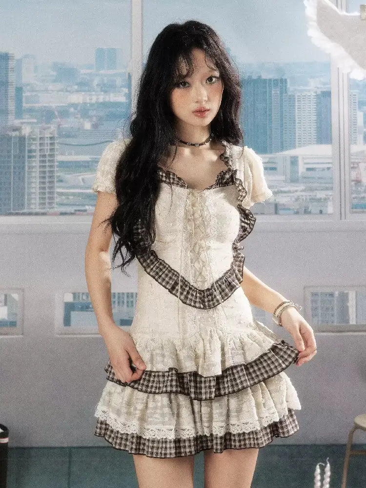 Plaid Lace Drawstring Short Skirt【s0000016524】