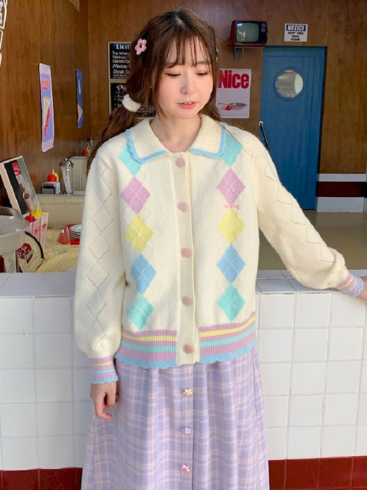 Diamond plaid long-sleeved wool knit sweater【s0000005247】
