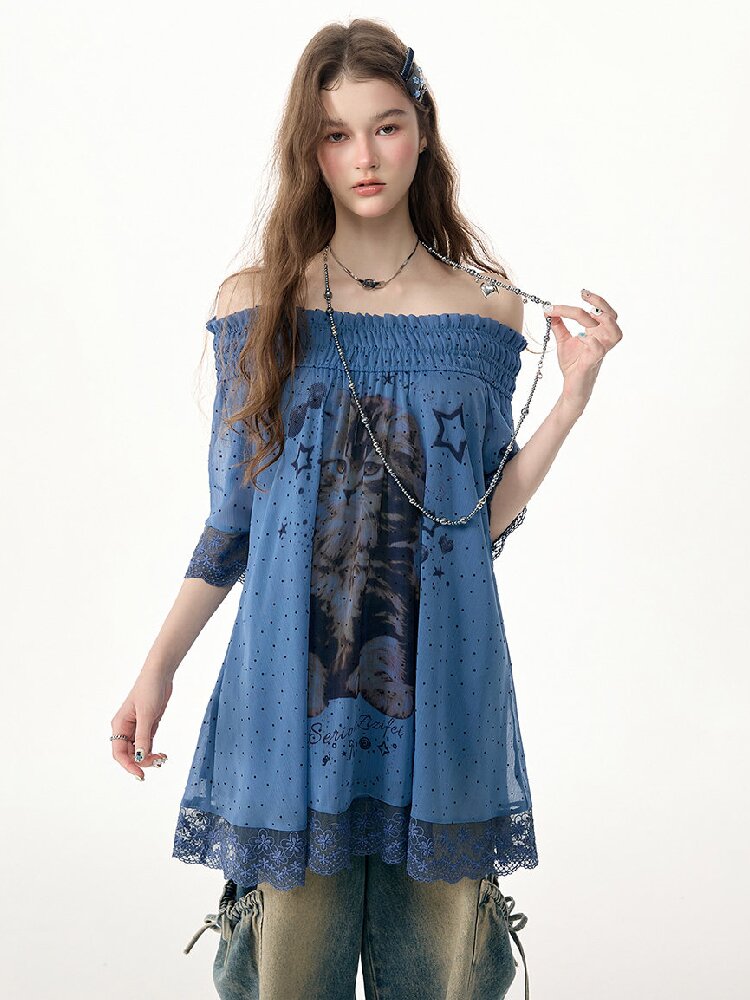 Lace Patchwork Dot Cat Print T-Shirt【s0000017306】