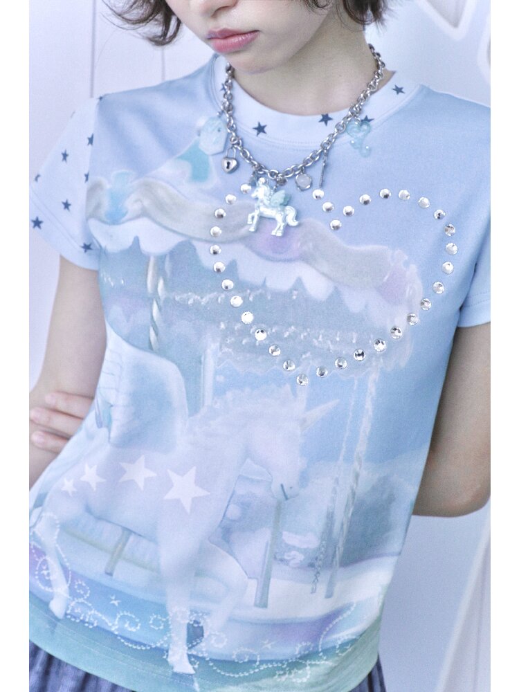 Rhinestone Unicorn Stitching Tee【s0000017132】