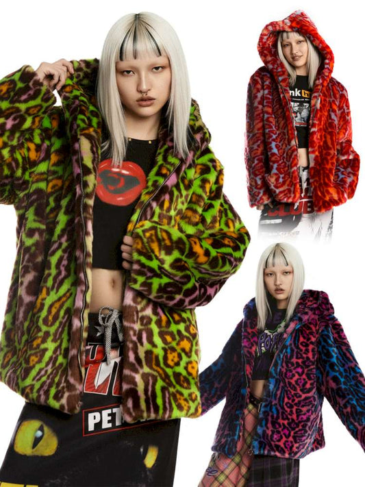 Y2K Leopard Print Cool Fur Hooded Jacket【s0000014911】