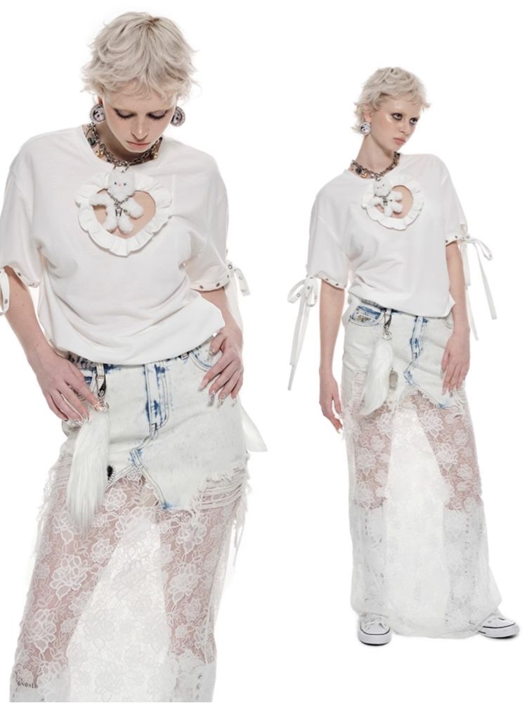 French Lace Splicing Denim Long Skirt【s0000009858】