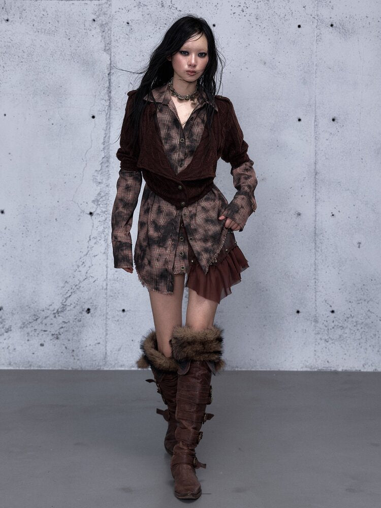 Check Knit Fake Two Piece Shirt【s0000015547】