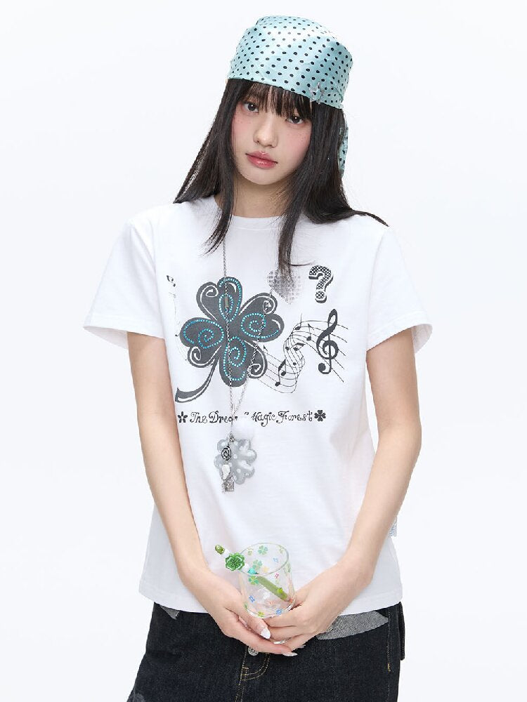 White Melody Shoulder Sleeve T-Shirt【s0000016381】