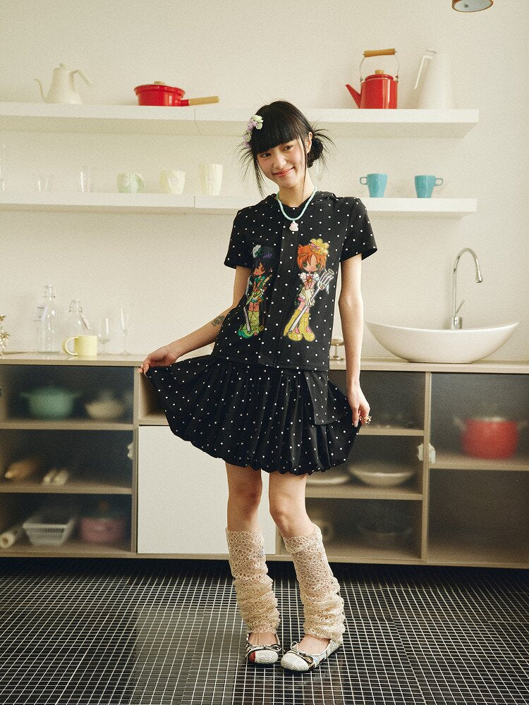 Polka Dot Hooded Short Sleeve Zip T-Shirt【s0000018695】
