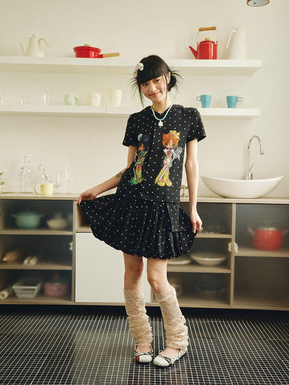 Polka Dot Hooded Short Sleeve Zip T-Shirt【s0000018695】