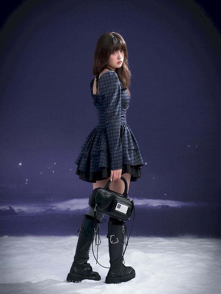 Check Neck Cake Dress【s0000011659】