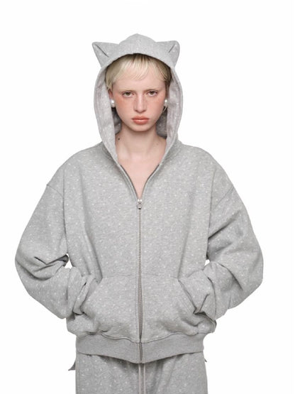 Cat's Paw Long Short Polka Dot Hooded Cardigan Sweatshirt Sweatpants Set【s0000011566】