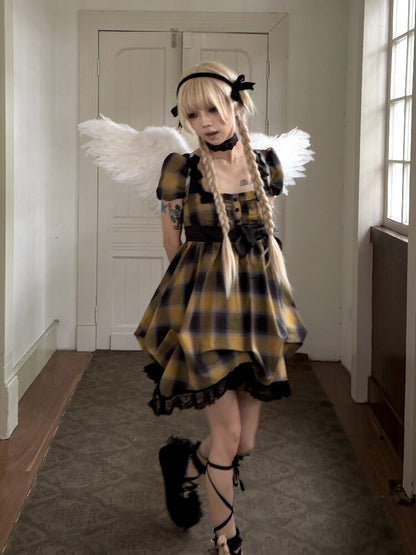 Plaid Puff Sleeve Lantern Dress【s0000016892】