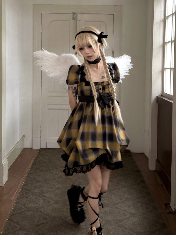 Plaid Puff Sleeve Lantern Dress【s0000016892】