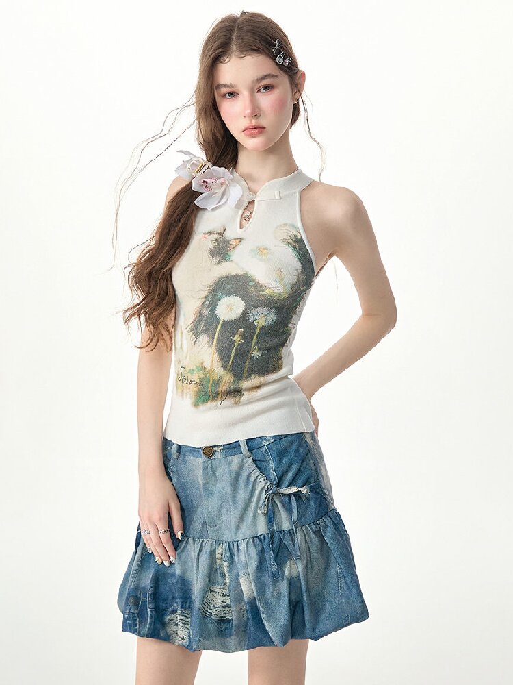 Halter Neck Cat Print Knit Vest【s0000017313】