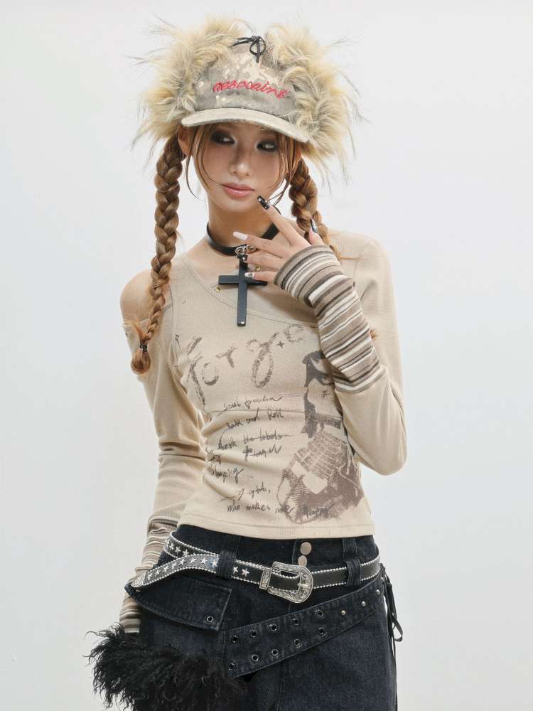 Slim Hot Girl Off-Shoulder Patchwork Shirt【s0000014830】