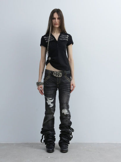 Low Waisted Black Ripped Jeans【s0000016564】