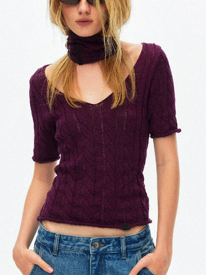 Cut Out Cable V-Neck Knit Top【s0000015928】