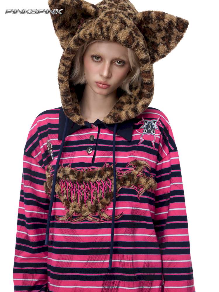 Pink Striped Leopard Cat Ear Hood【s0000015115】