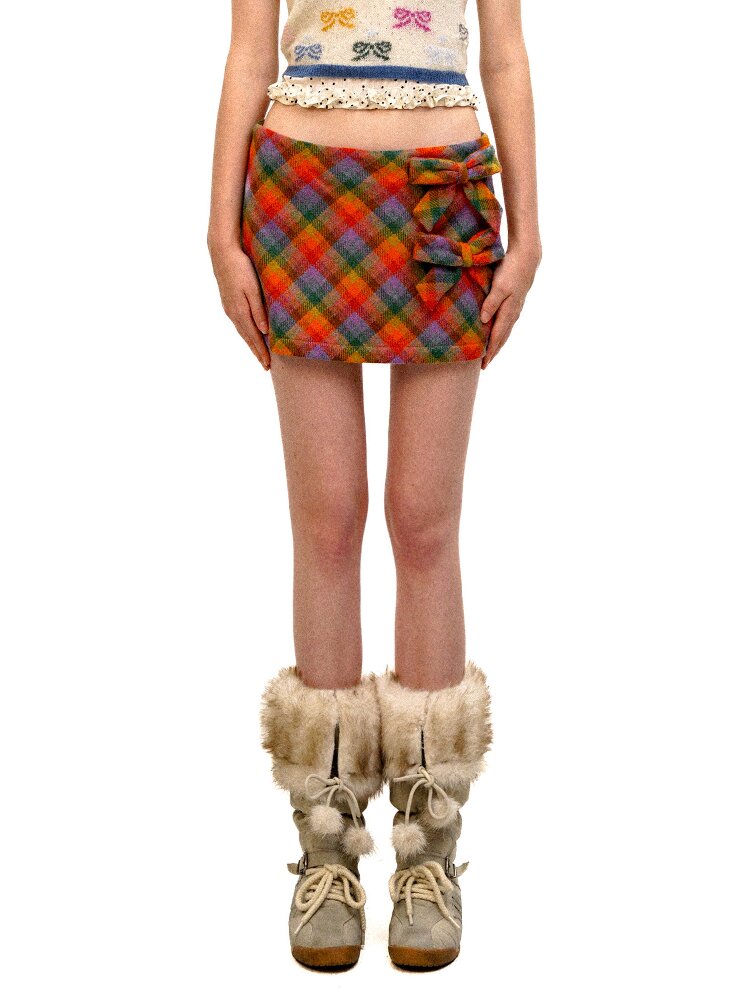 Pure Wool Colored Check Bow Skirt【s0000016089】