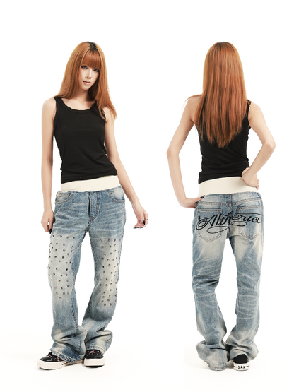 Patchwork Studded Straight Jeans【s0000018362】