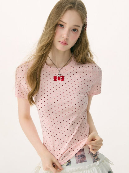 Polka Dot Bow Slim Short Sleeve T-Shirt【s0000016854】