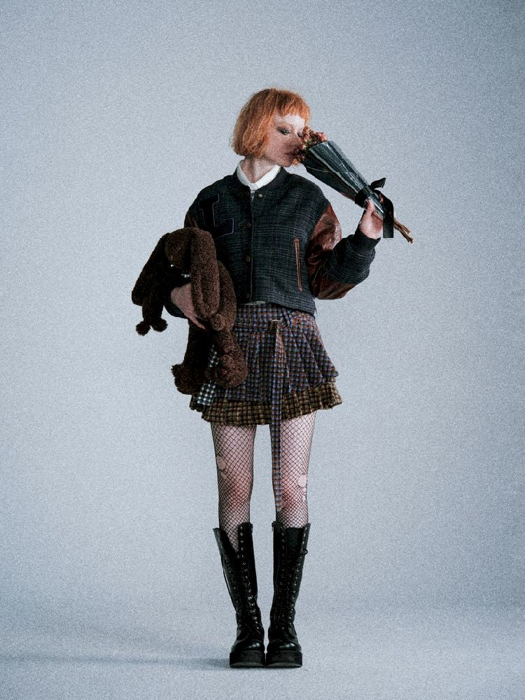 Three-color plaid splicing pleated skirt【s0000005411】