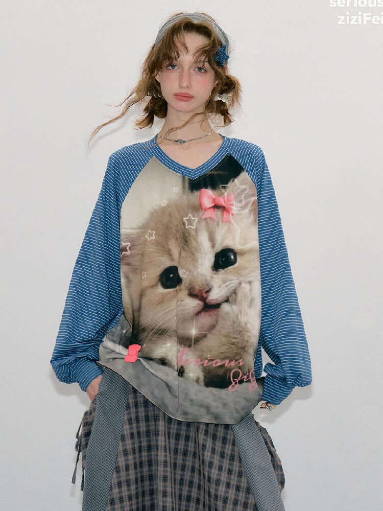 Striped Cat Print Sweatshirt Top【s0000017881】