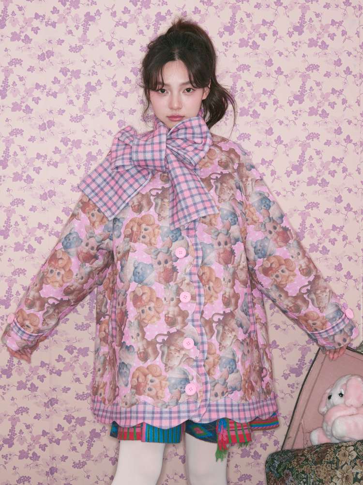 Pink Plaid Animal Padded Jacket【s0000015026】