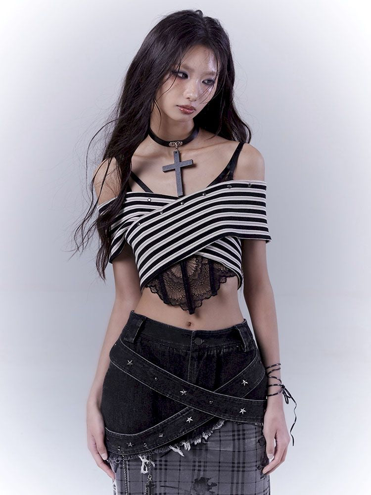 One-shoulder striped hot bustier top【s0000012839】