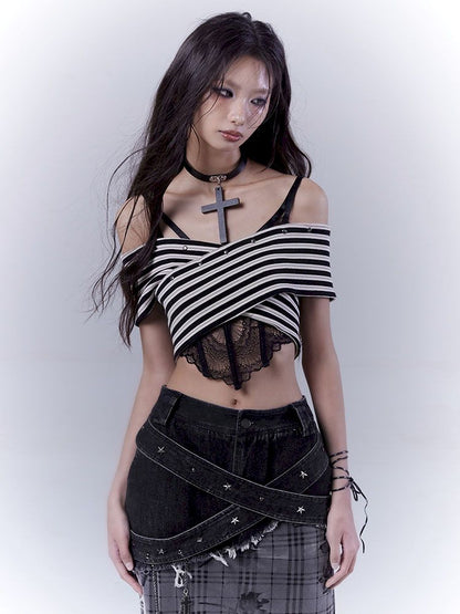 One-shoulder striped hot bustier top【s0000012839】