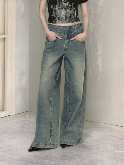 Wide-leg broken holes micro-laundry jeans【s0000012140】