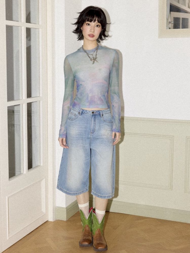 Starfish hot drill denim wide-leg shorts【s0000012288】