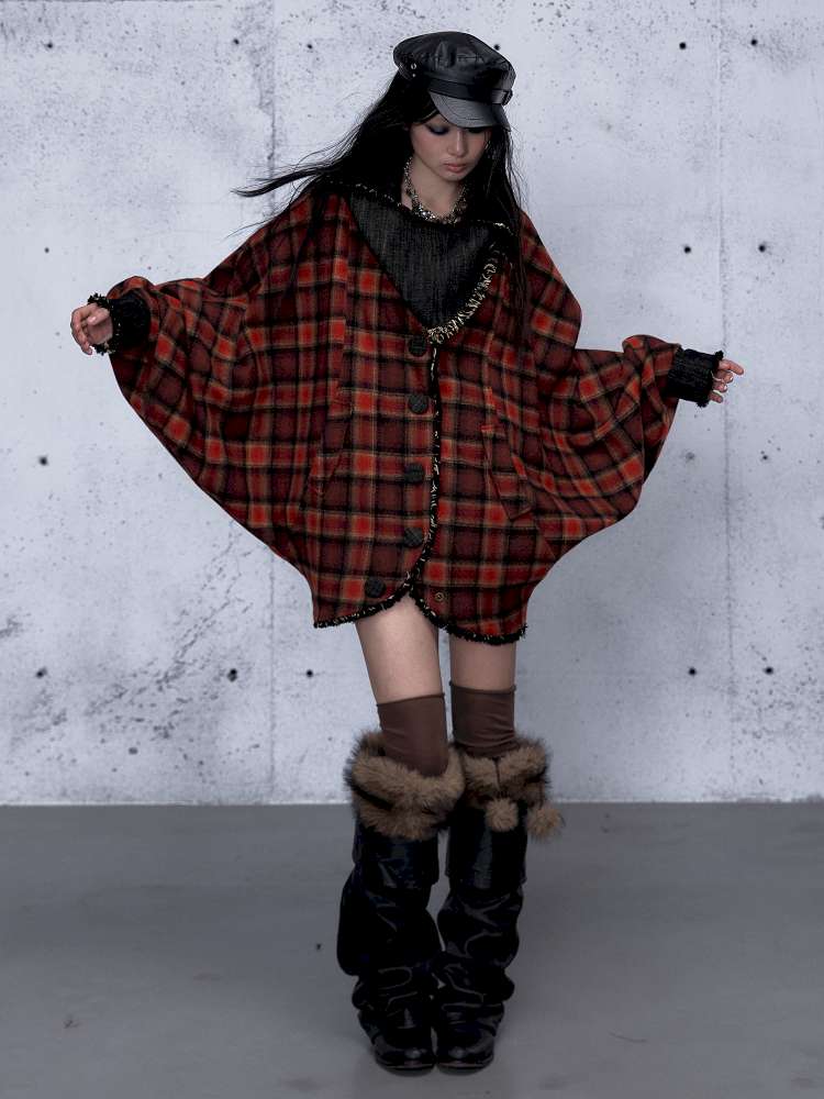 Punk Plaid Denim Bat Woolen Coat【s0000014929】