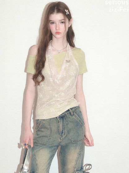 Fake Two-Piece Patchwork Lace Short T【s0000017682】