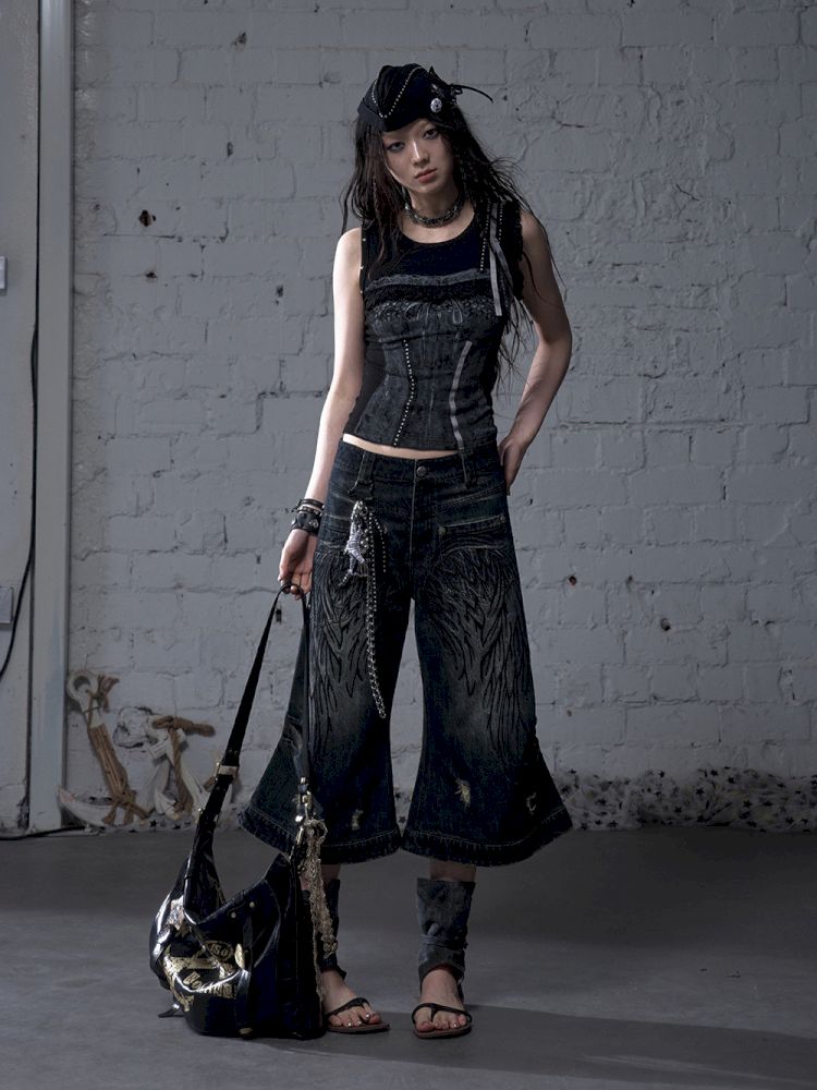 Wide-leg denim cropped pants【s0000012800】