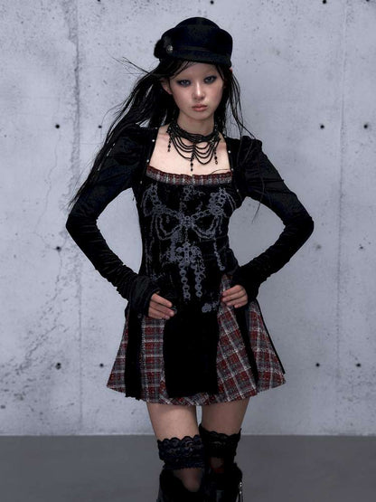 Vintage Baroque Velvet Check Dress【s0000014935】