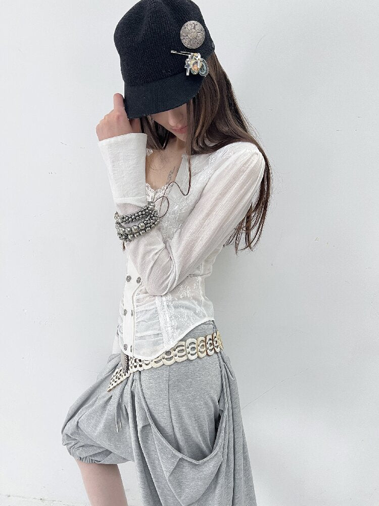 Vintage Lace Stitched Square Neck Shirt【s0000015910】